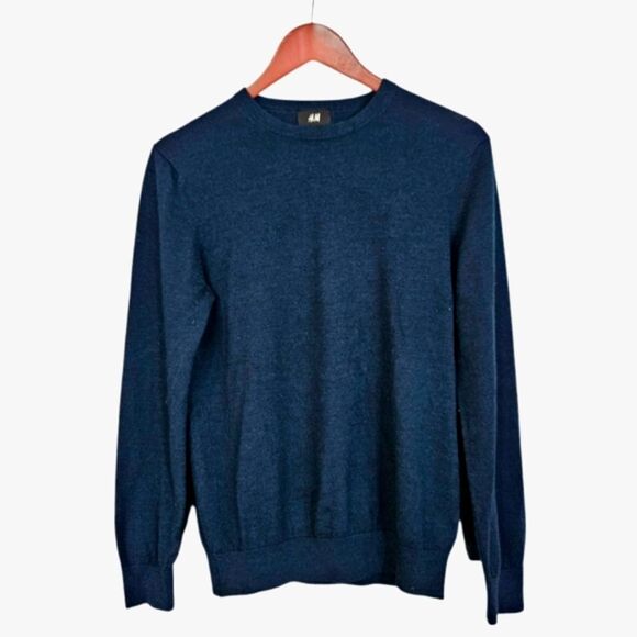 H&M Premium Crewneck Classic Knit Wool Blend Pullover Minimalist Sweater Blue M - Picture 2 of 8